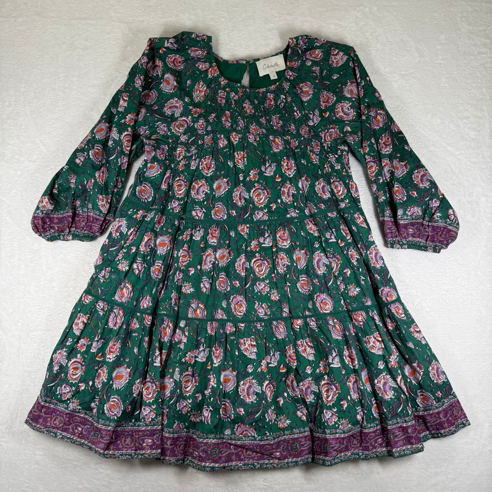 Cleobella Green Floral Organic Cotton Smocked Tiered Mini Dress XS Boho GOTS